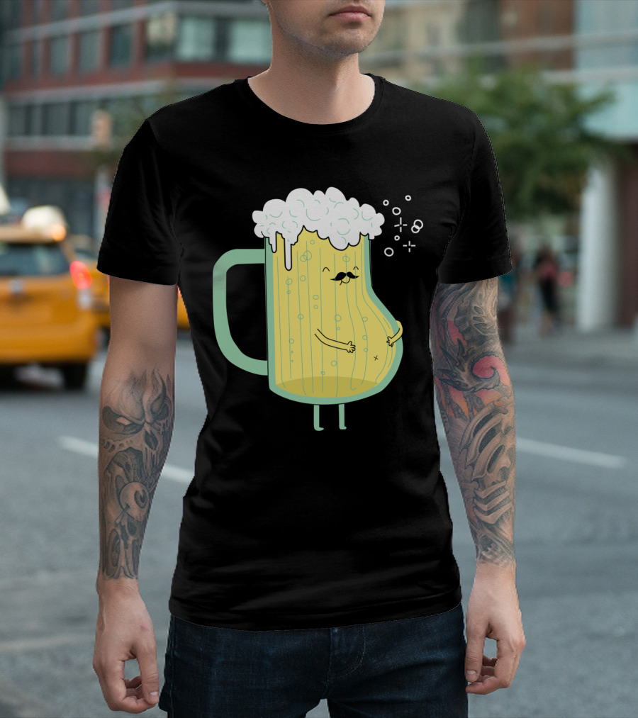Beer Mug Cartoon Character with Foam Head and Mustache T-Shirt