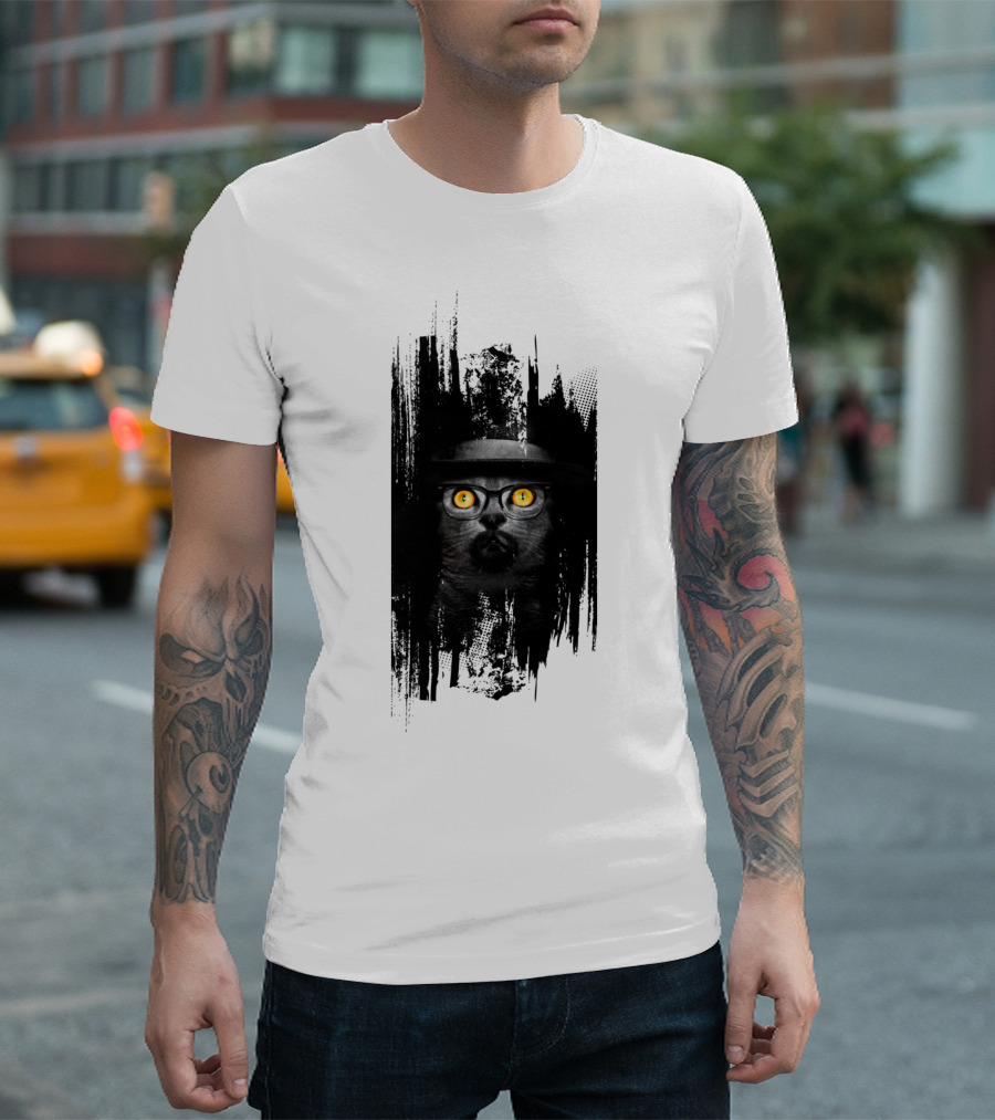 Braking Cat Sticker Hat Glasses Yellow Eyes T-Shirt