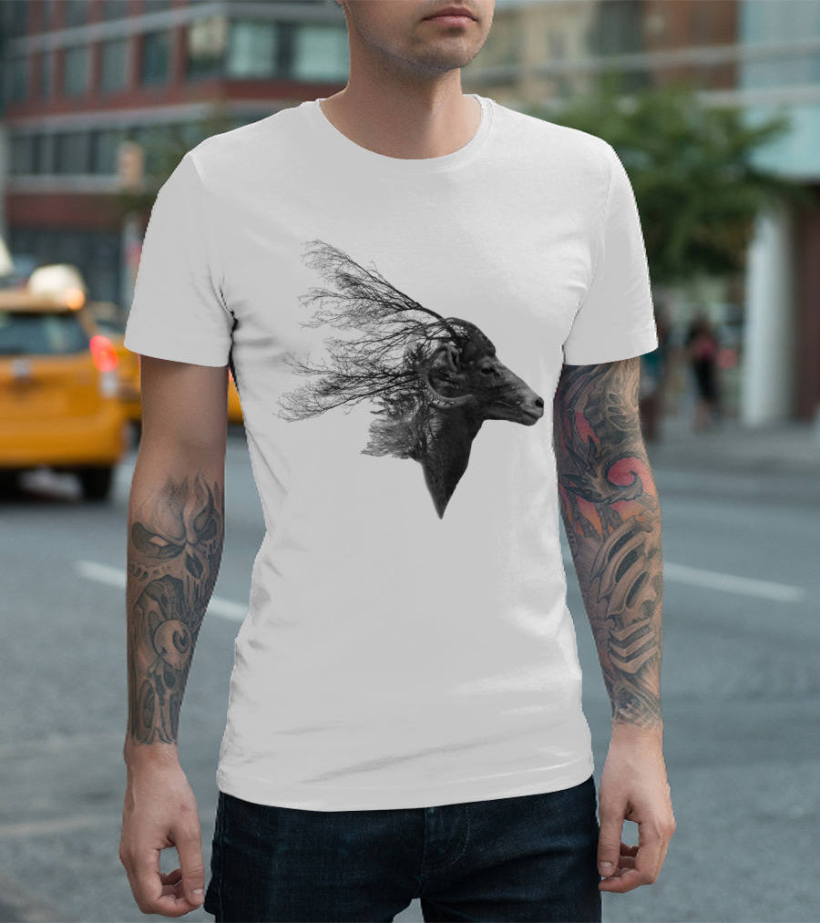 Double Exposed Mountain Goat Branches Fusion T-Shirt