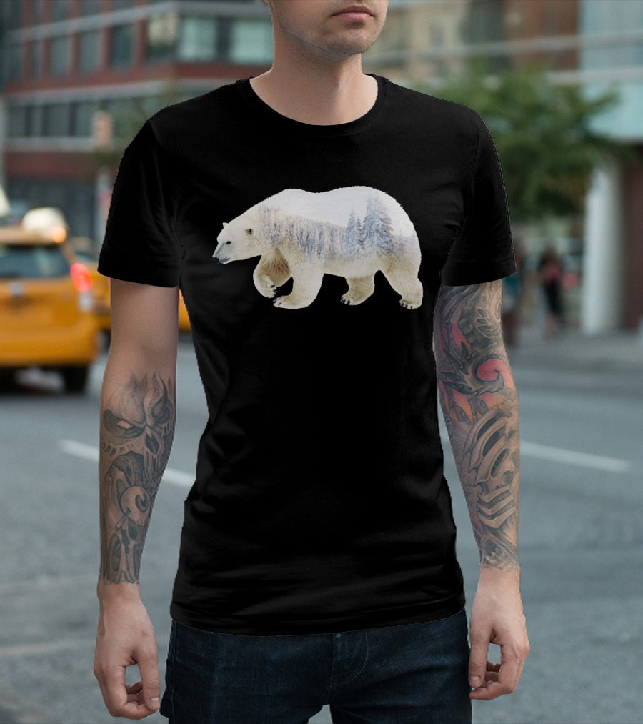 Double Exposure Polar Bear Winter Forest Scene T-Shirt