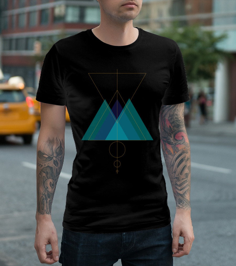 Geometric Triangles and Circles in Teal and Yellow T-Shirt