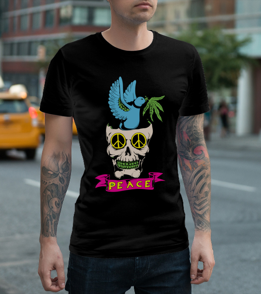 PEACE ELEMENTS Skull Dove Peace Sign Marijuana Leaf T-Shirt