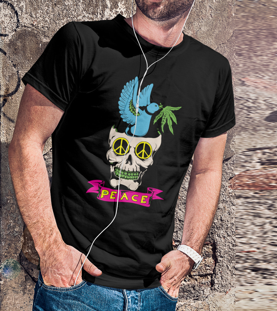 PEACE ELEMENTS Skull Dove Peace Sign Marijuana Leaf T-Shirt