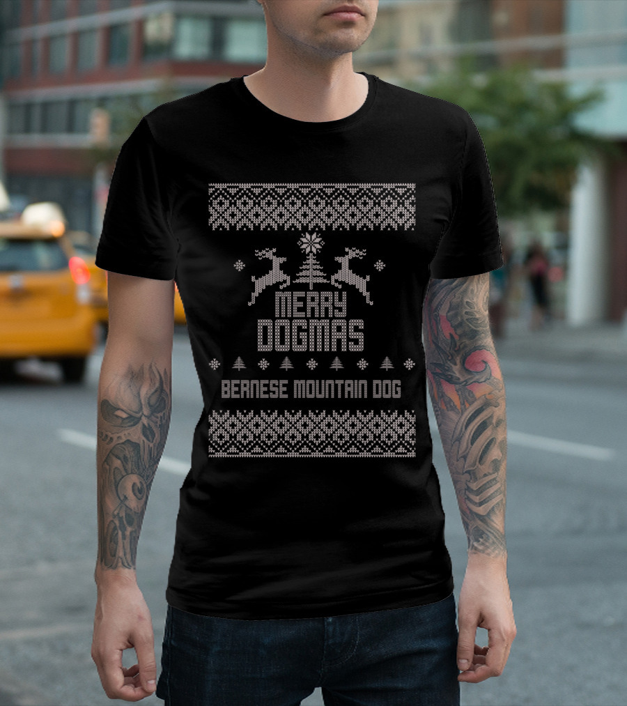 Merry Dogmas Bernese Mountain Dog Festive Sweater Pattern With Reindeer T-Shirt