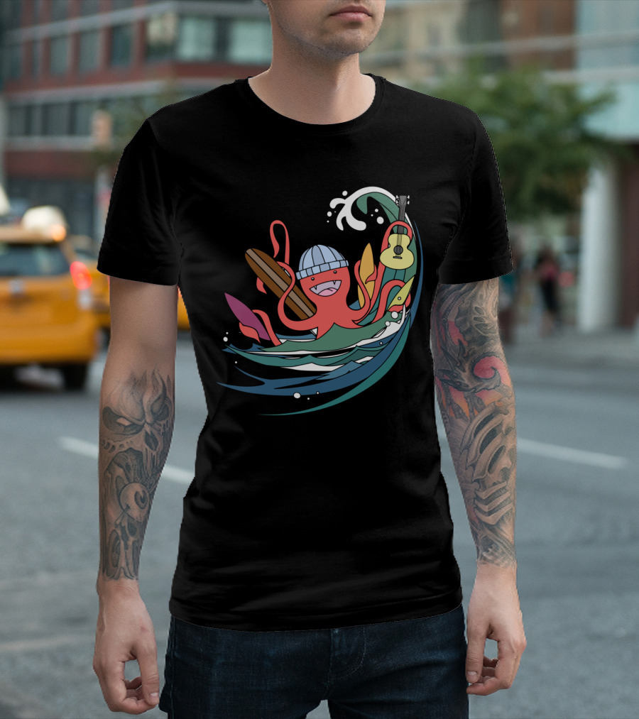 Lovely Lucky Octopus Surfer Guitar Waves Adventure T-Shirt