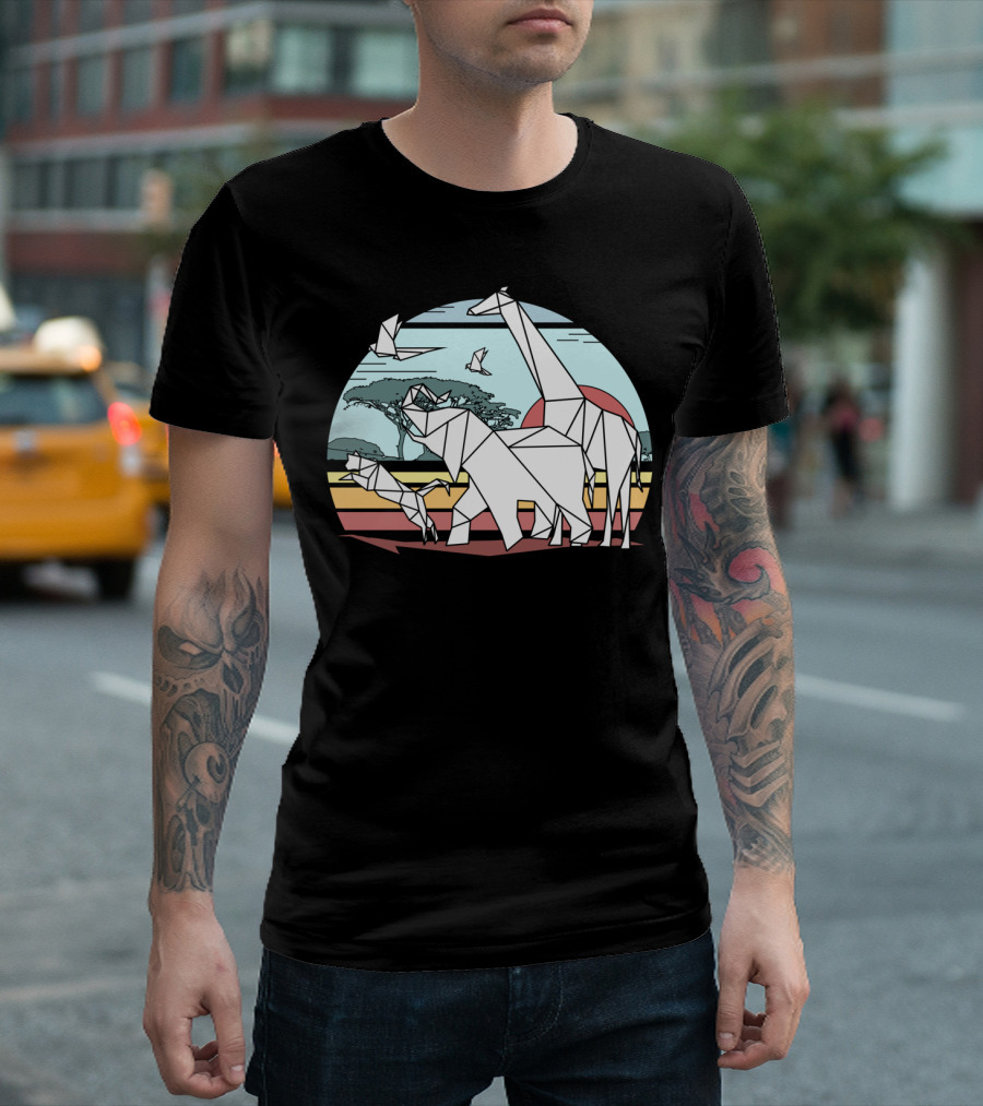 Scenic Colored Geometric African Animals Landscape with Origami Safari Wildlife and Trees T-Shirt