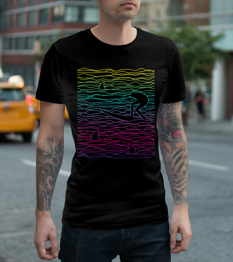 BRAVE SURFER SHARK WAVES SILHOUETTE VIBRANT LINES T-Shirt