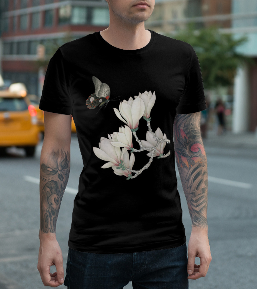 Butterfly Admiring White Magnolia Blossoms T-Shirt