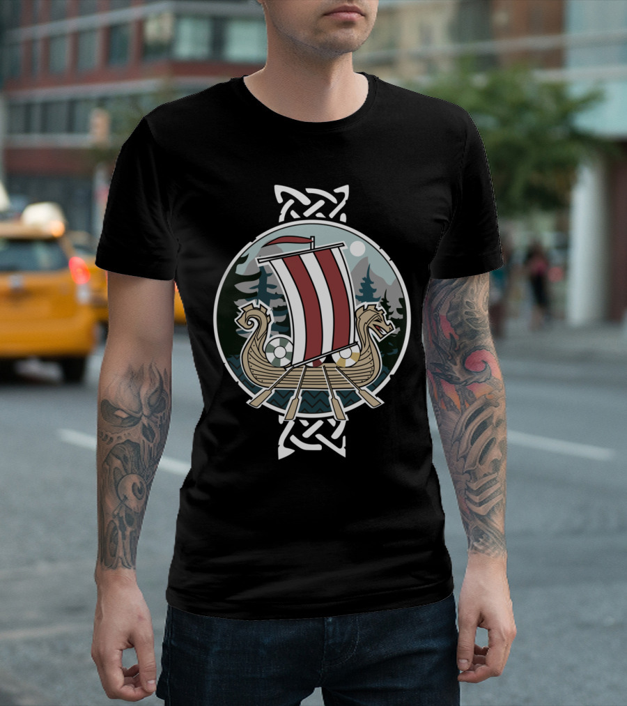 Nordic Viking Dragon Boat With Celtic Knotwork and Scenic Mountain Background T-Shirt