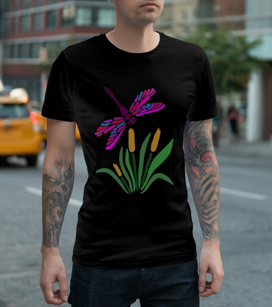 Artistic Cool Purple Dragonfly on Green and Yellow Cattails T-Shirt