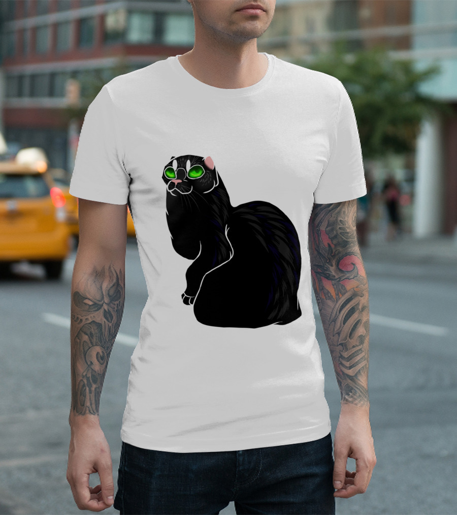 Cat No Ears Green Eyes Black Outline T-Shirt