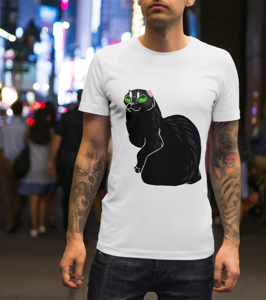 Cat No Ears Green Eyes Black Outline T-Shirt