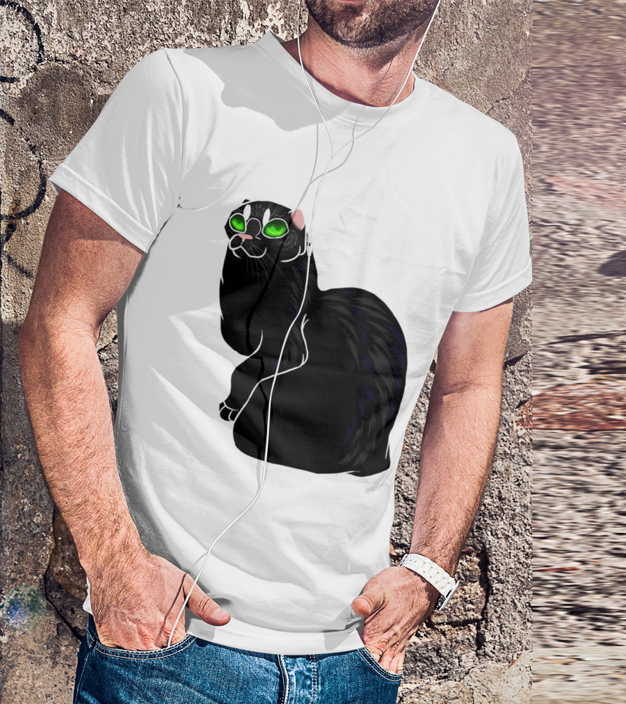 Cat No Ears Green Eyes Black Outline T-Shirt