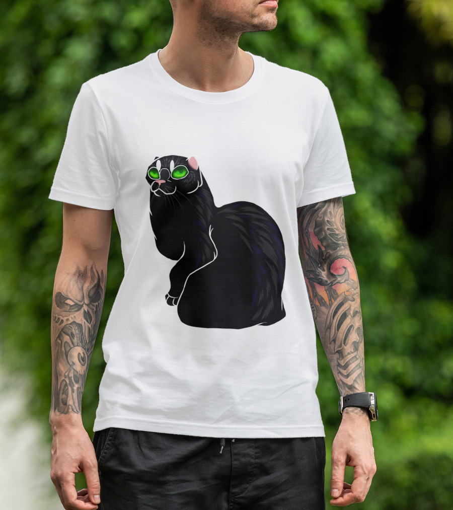 Cat No Ears Green Eyes Black Outline T-Shirt