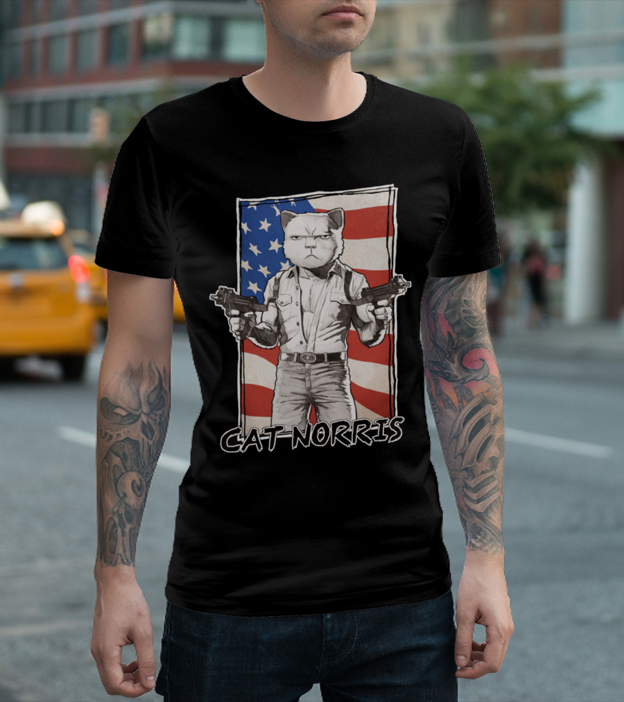 Cat Norris American Flag Dual Pistols T-Shirt
