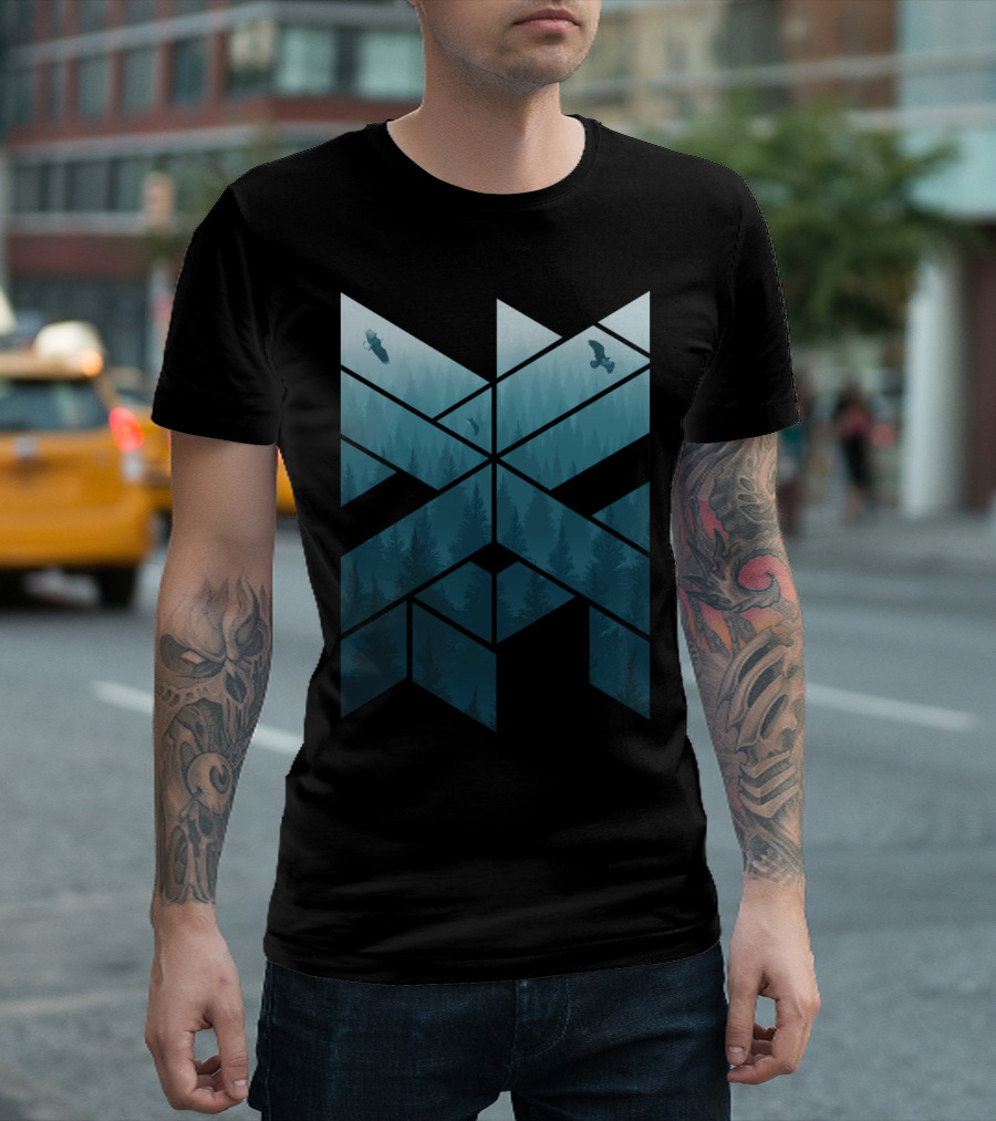 Geometric Misty Pine Forest Eagles Triangular Landscape T-Shirt