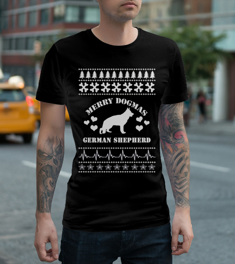 Merry Dogmas German Shepherd Christmas Tree Hearts T-Shirt