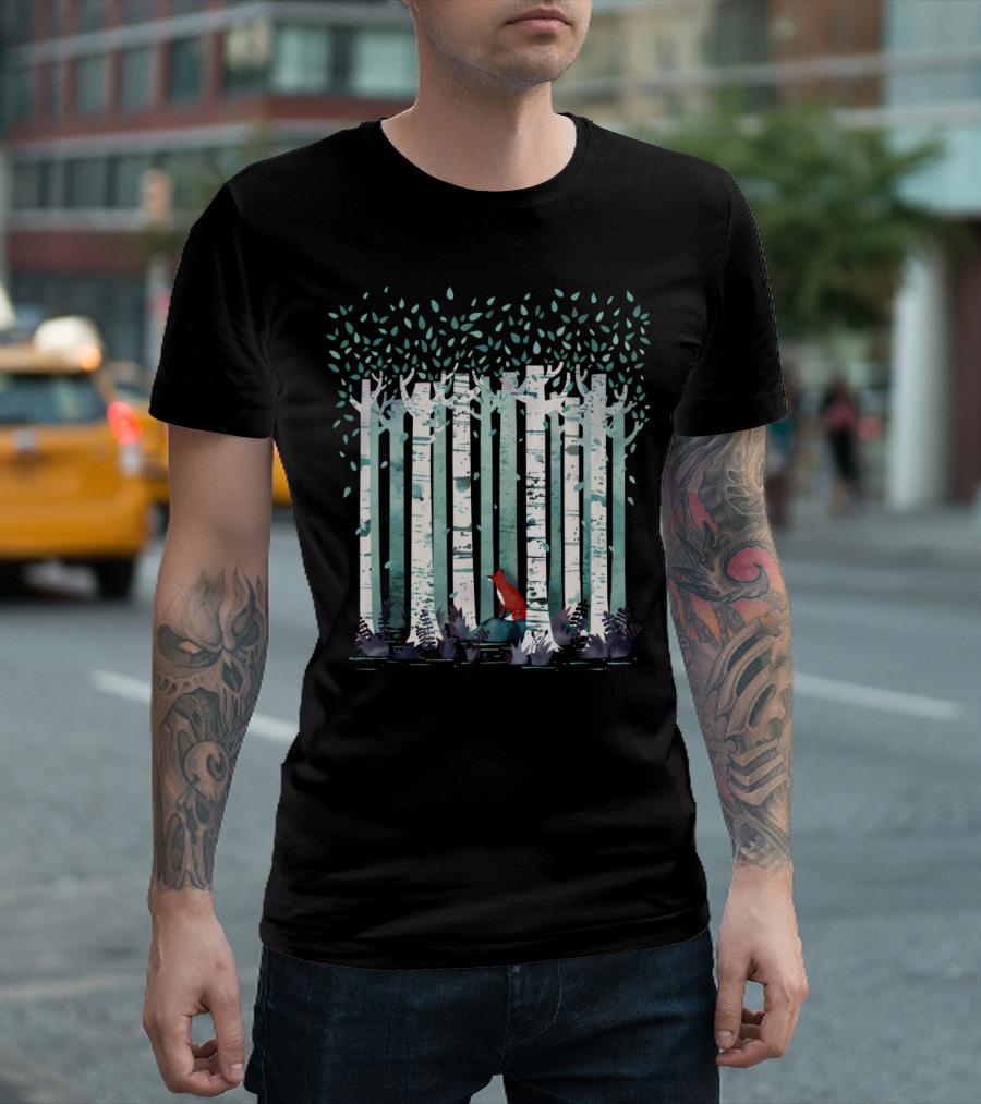 The Birches Forest Scene With Fox Amongst Trees And Leaves T-Shirt