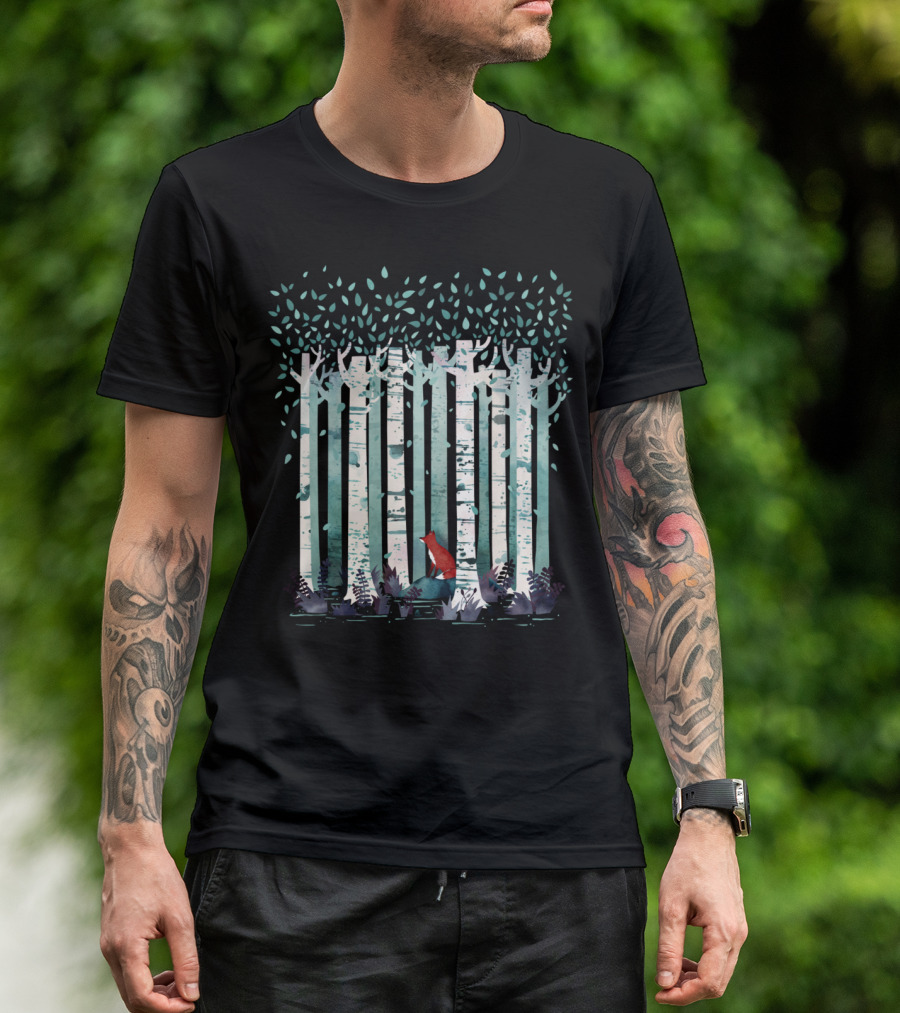 The Birches Forest Scene With Fox Amongst Trees And Leaves T-Shirt