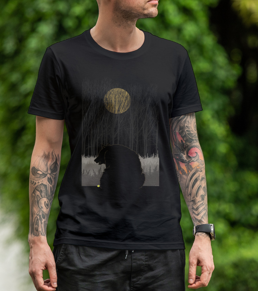 Black Bear Silhouette Under Northern Moon In Forest Scene T-Shirt