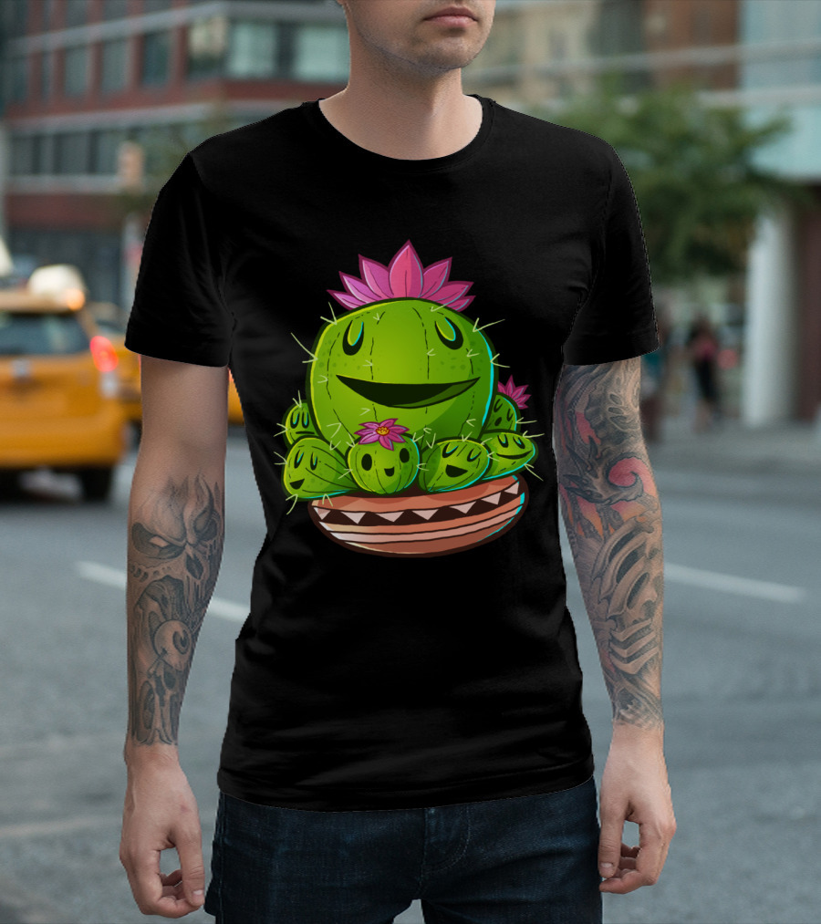 Cacti Family Happy Desert Plant Group with Smiling Faces and Pink Flowers T-Shirt