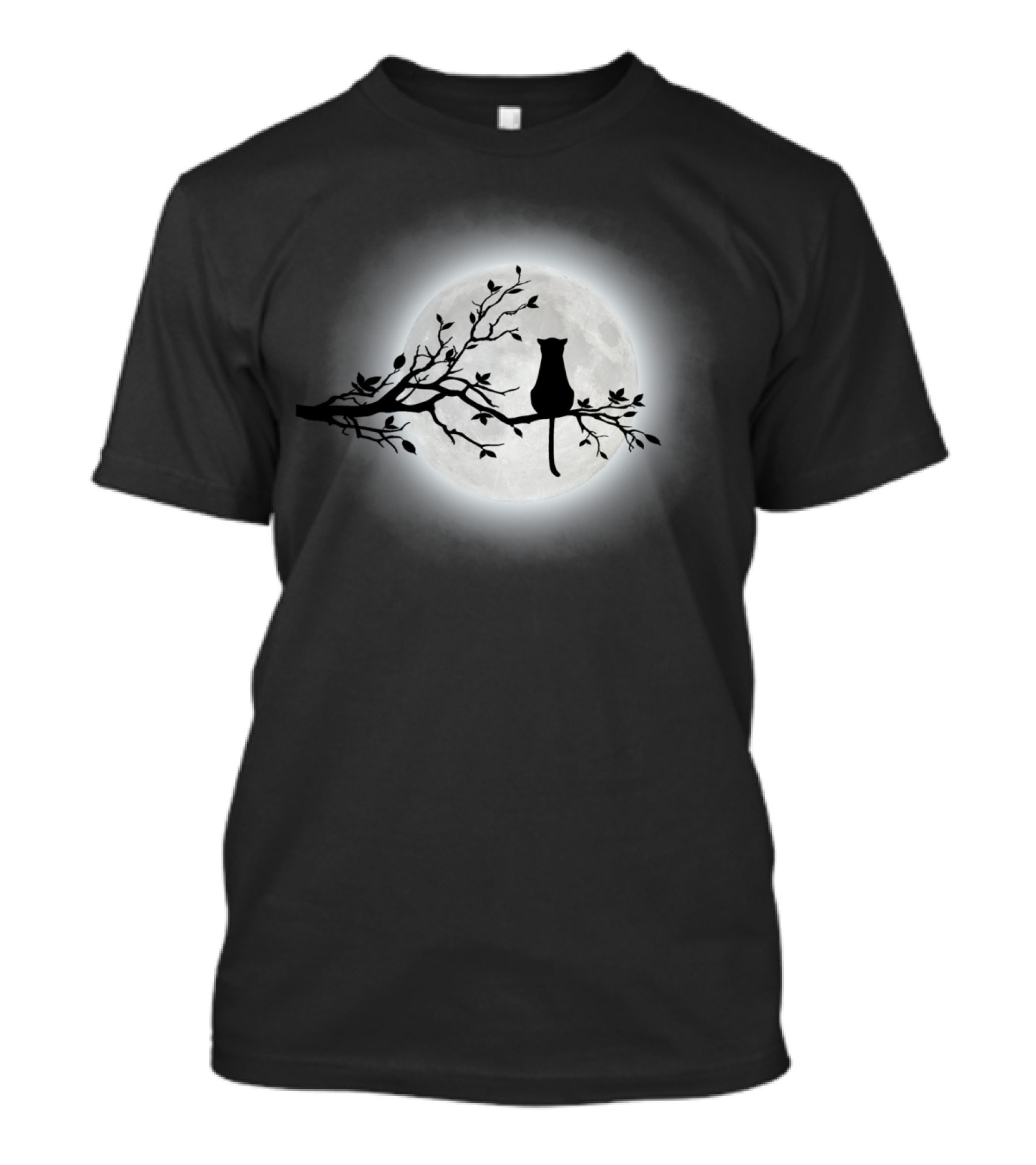 Cat Silhouette On Branch With Full Moon Background T-Shirt