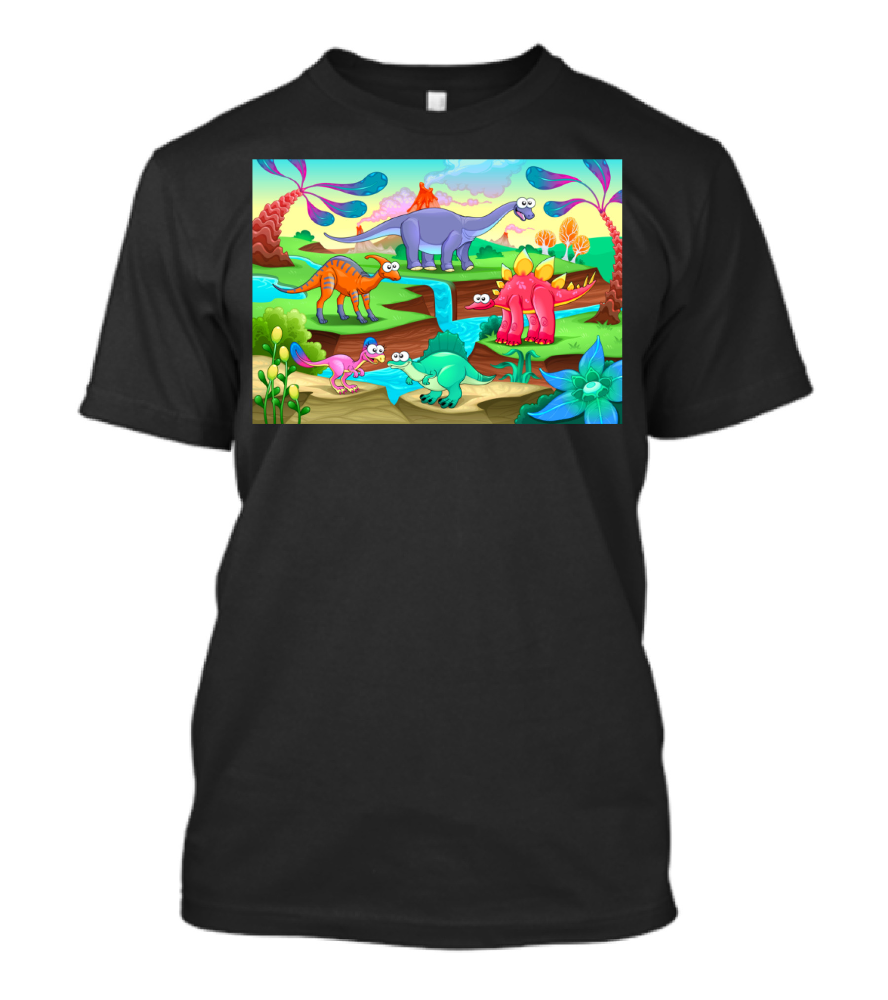 Group Of Funny Dinosaurs In A Prehistoric Cartoon Landscape T-Shirt