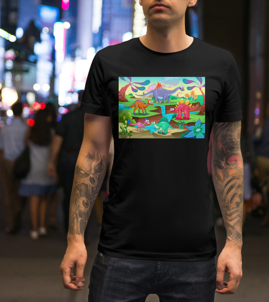 Group Of Funny Dinosaurs In A Prehistoric Cartoon Landscape T-Shirt