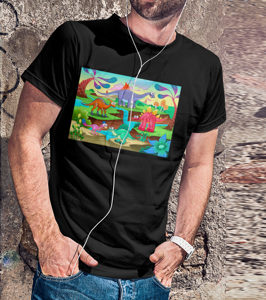 Group Of Funny Dinosaurs In A Prehistoric Cartoon Landscape T-Shirt