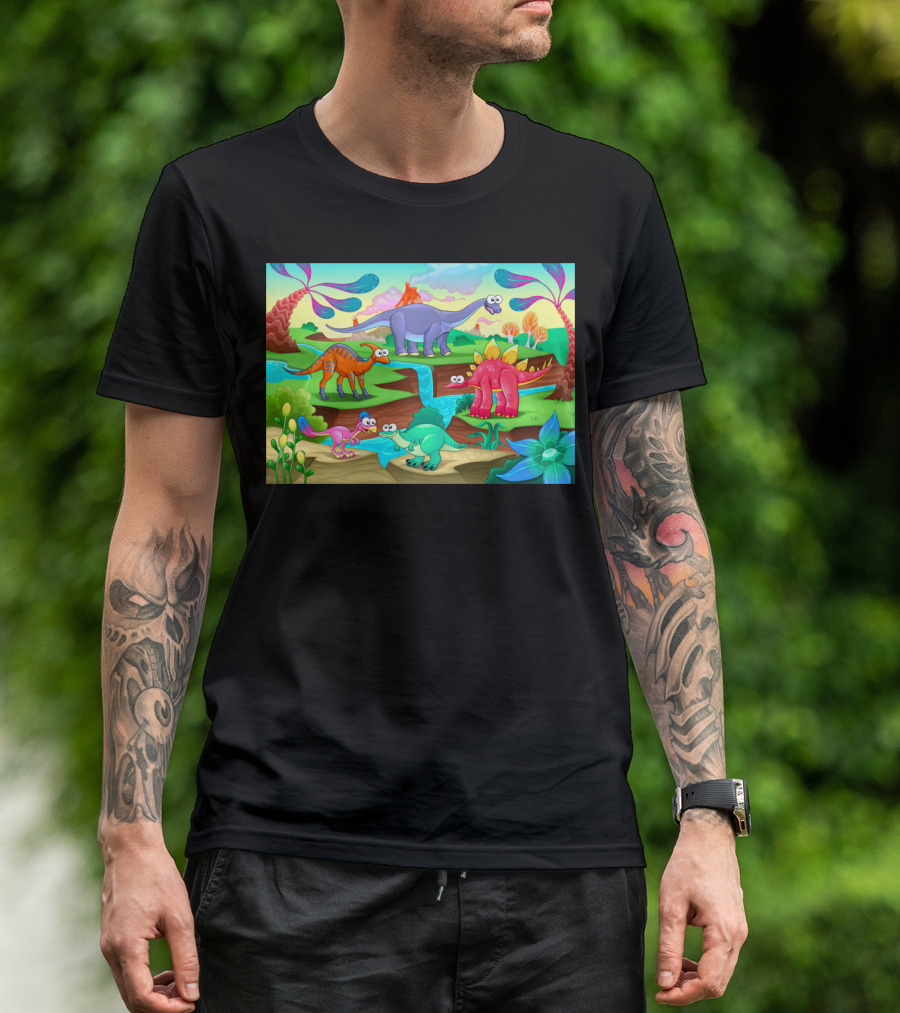 Group Of Funny Dinosaurs In A Prehistoric Cartoon Landscape T-Shirt