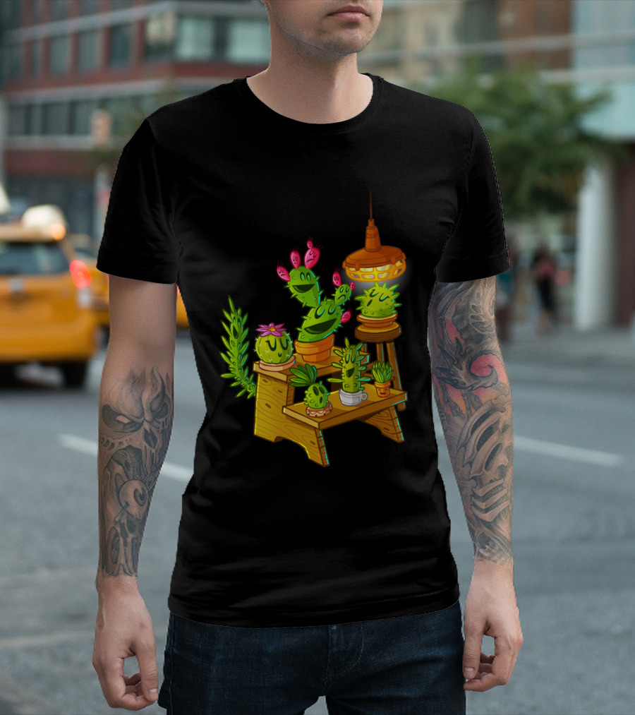 Cacti Steps Animated Plant Shelf Under Lamp T-Shirt