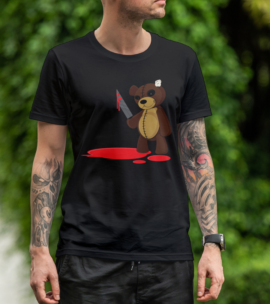Psycho Bear Holding Bloody Knife With Stitched Ear T-Shirt