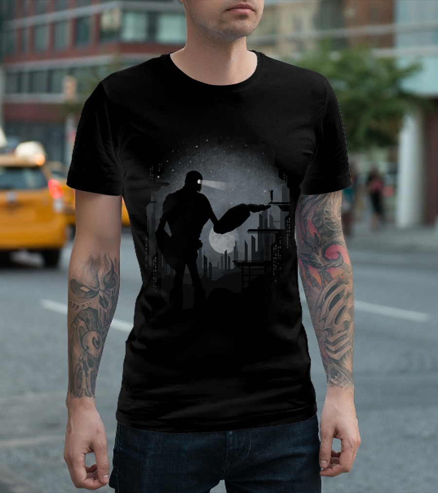 My Robot Friend Under Starry Night With Sci-Fi Cityscape T-Shirt