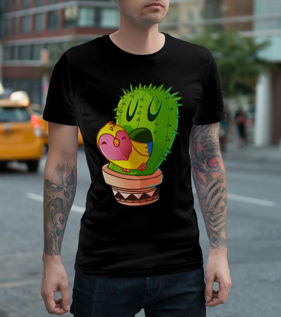 Cactus Bird Happy Vibrant Friendship Green Cactus Pink Bird T-Shirt