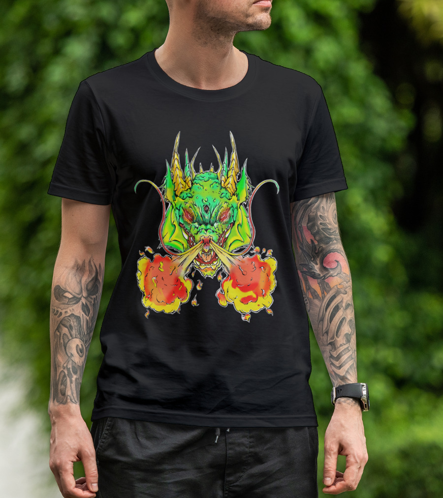Draggin Fire Breathing Green Dragon Head T-Shirt
