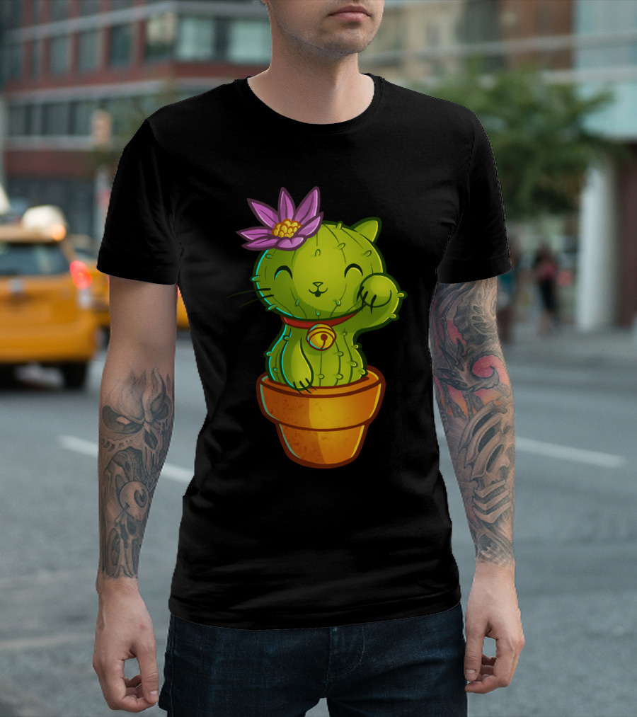 Lucky Cat Ti Can Flower Cactus T-Shirt