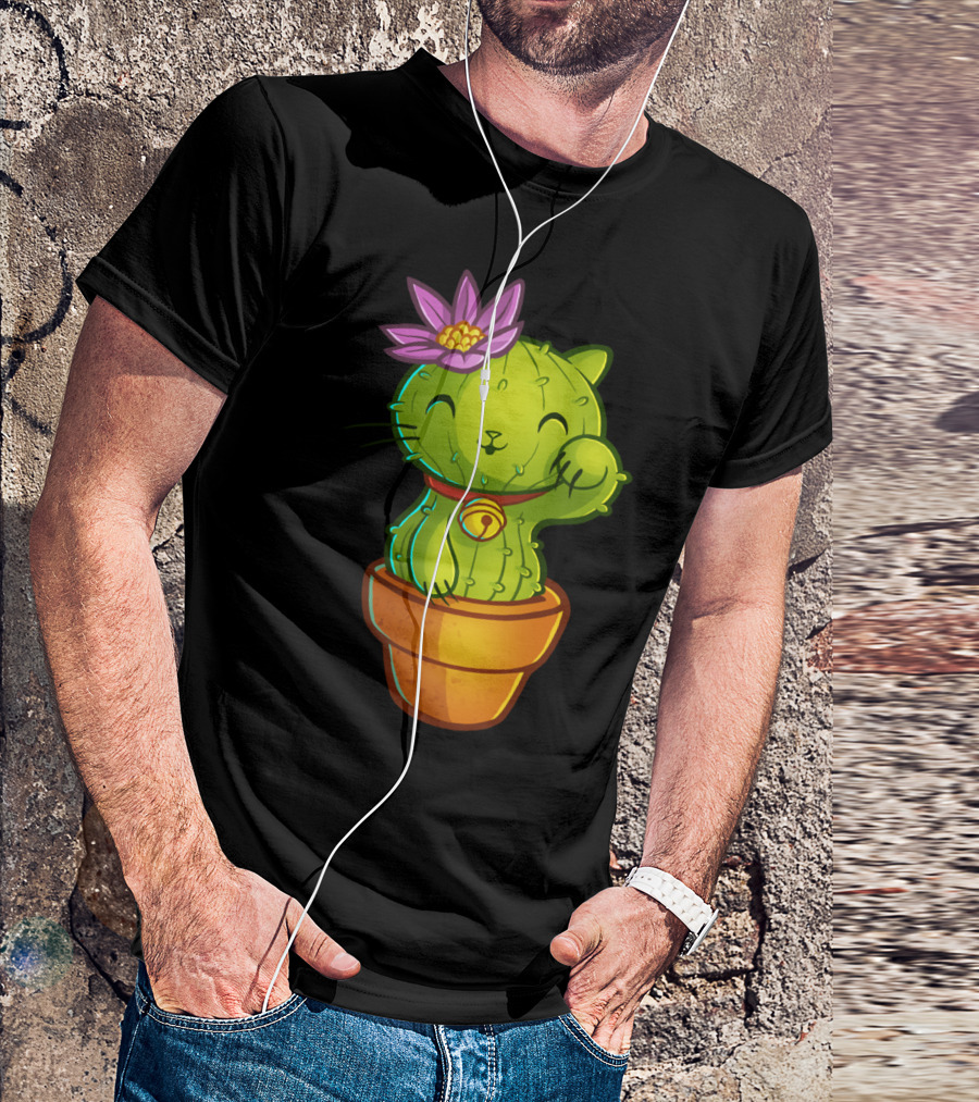 Lucky Cat Ti Can Flower Cactus T-Shirt