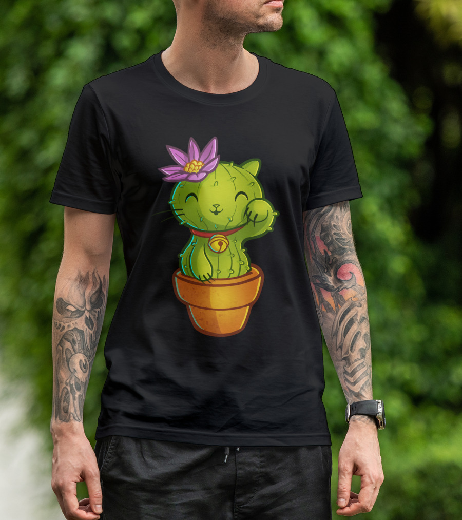 Lucky Cat Ti Can Flower Cactus T-Shirt