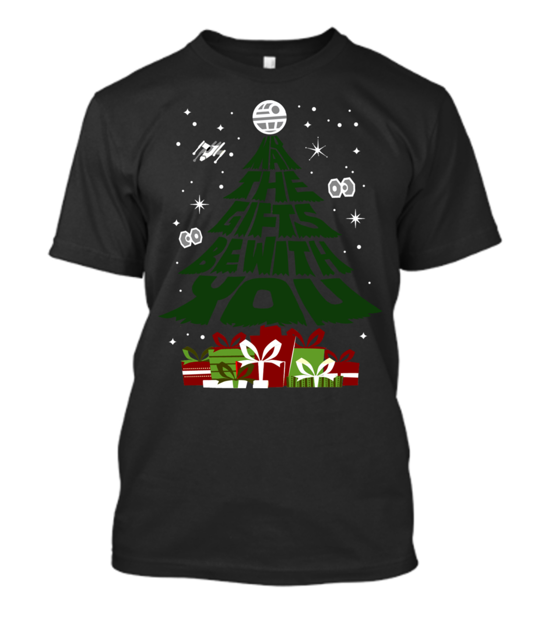 May The Gifts Be With You Christmas Tree Spaceship Stars Presents T-Shirt