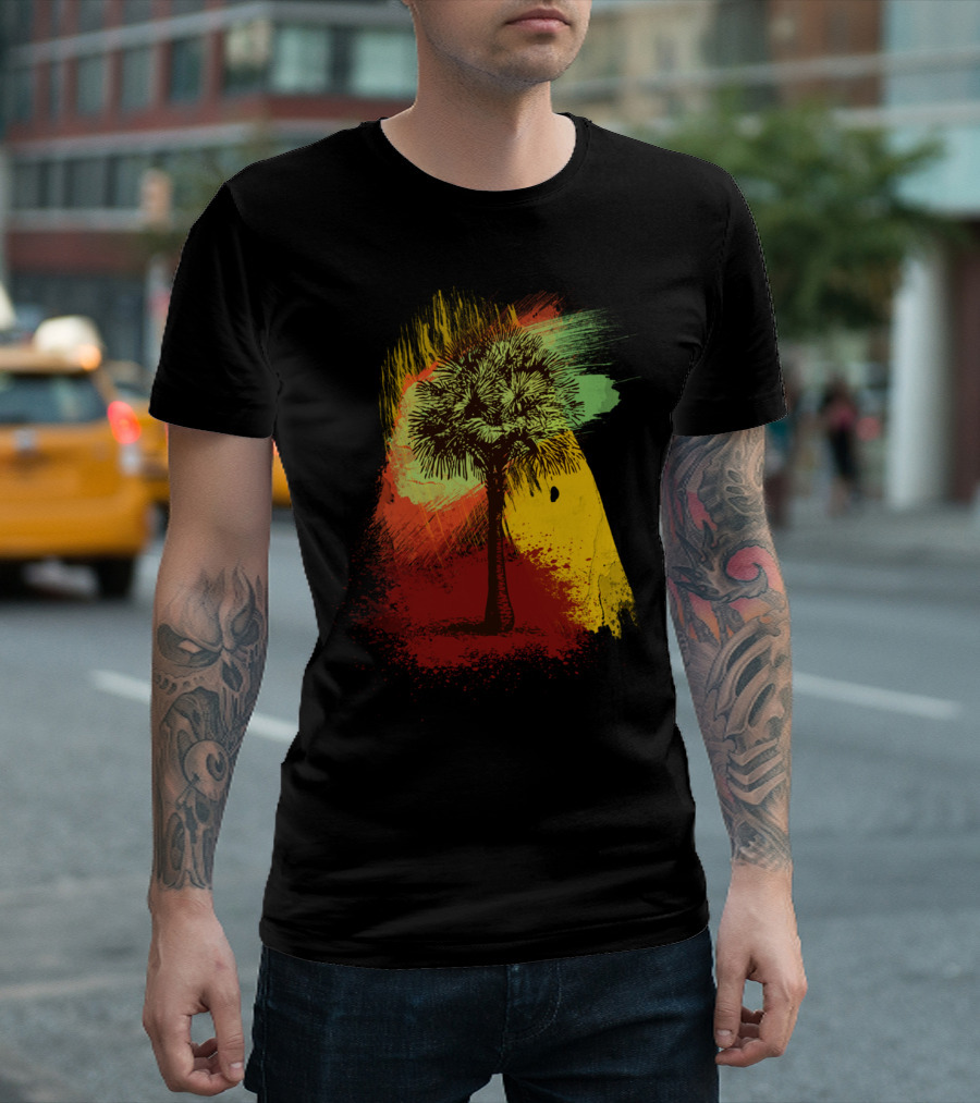 Grunge Palm Tree Against Vibrant Paint Brush Strokes T-Shirt