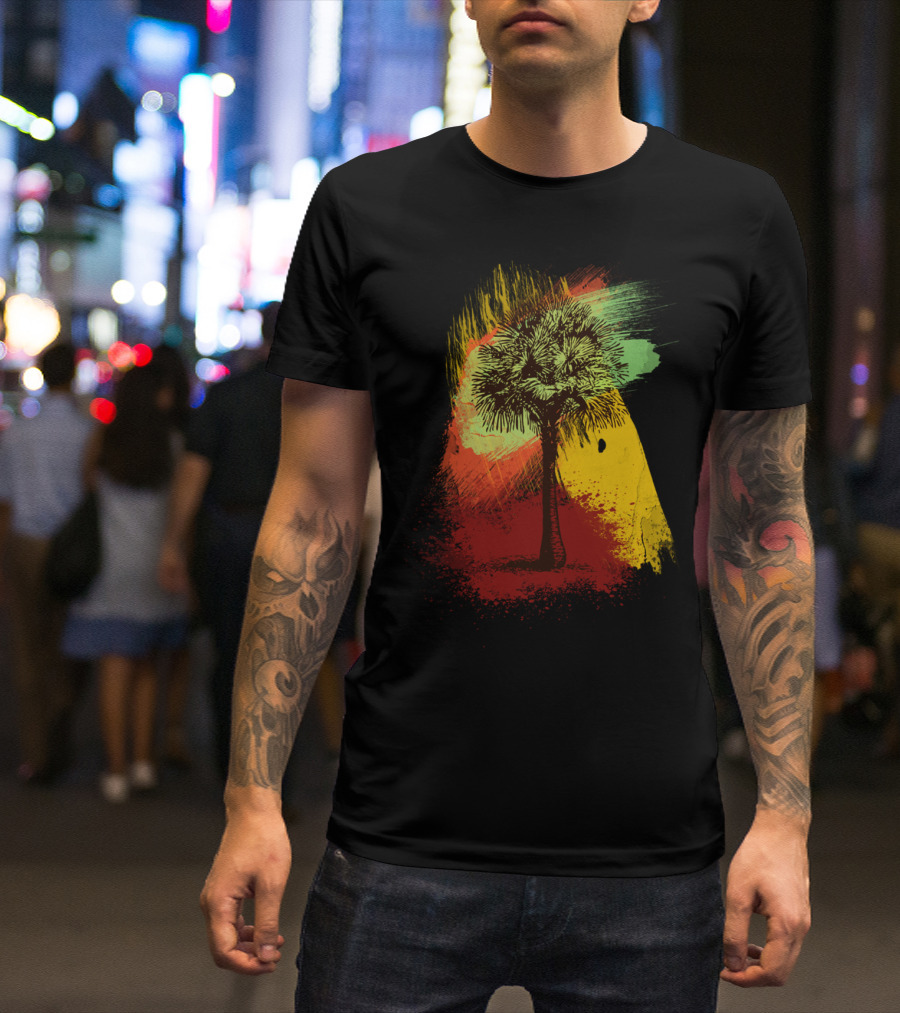 Grunge Palm Tree Against Vibrant Paint Brush Strokes T-Shirt
