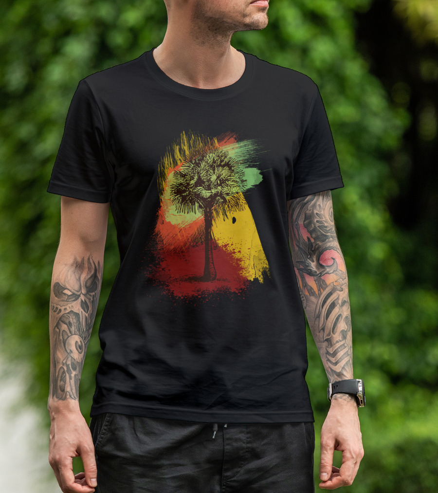 Grunge Palm Tree Against Vibrant Paint Brush Strokes T-Shirt