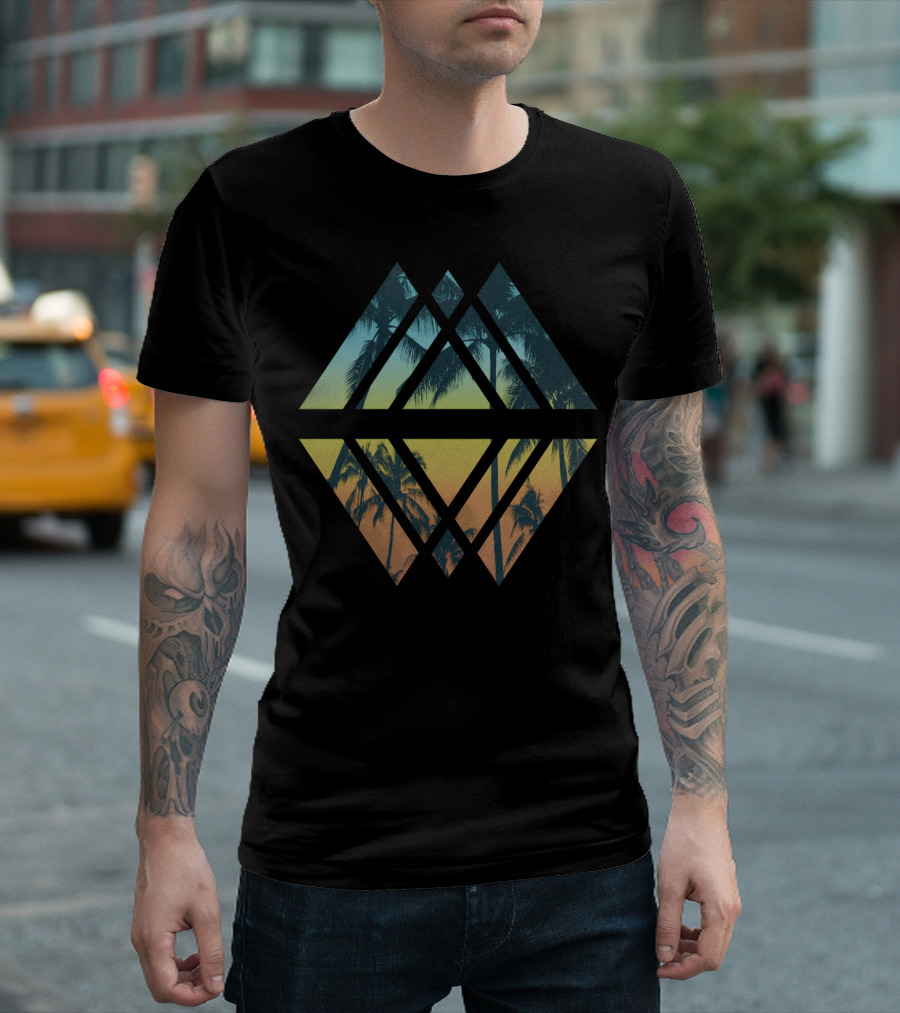 Geometric Tropical Beach Palm Sunset in Diamond Shapes T-Shirt