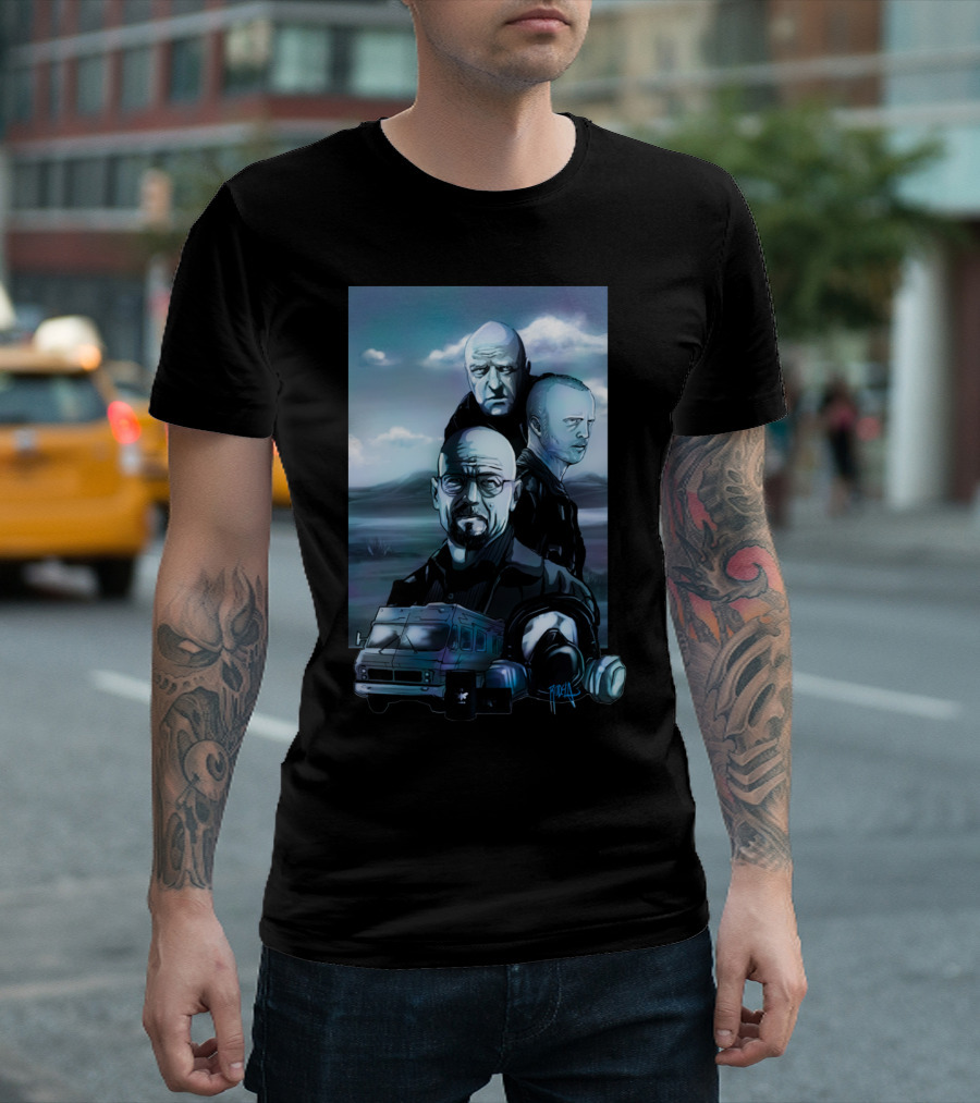Breaking Bad Tribute Walter White Mike Ehrmantraut Jesse Pinkman RV Meth Lab Cloudy Sky T-Shirt