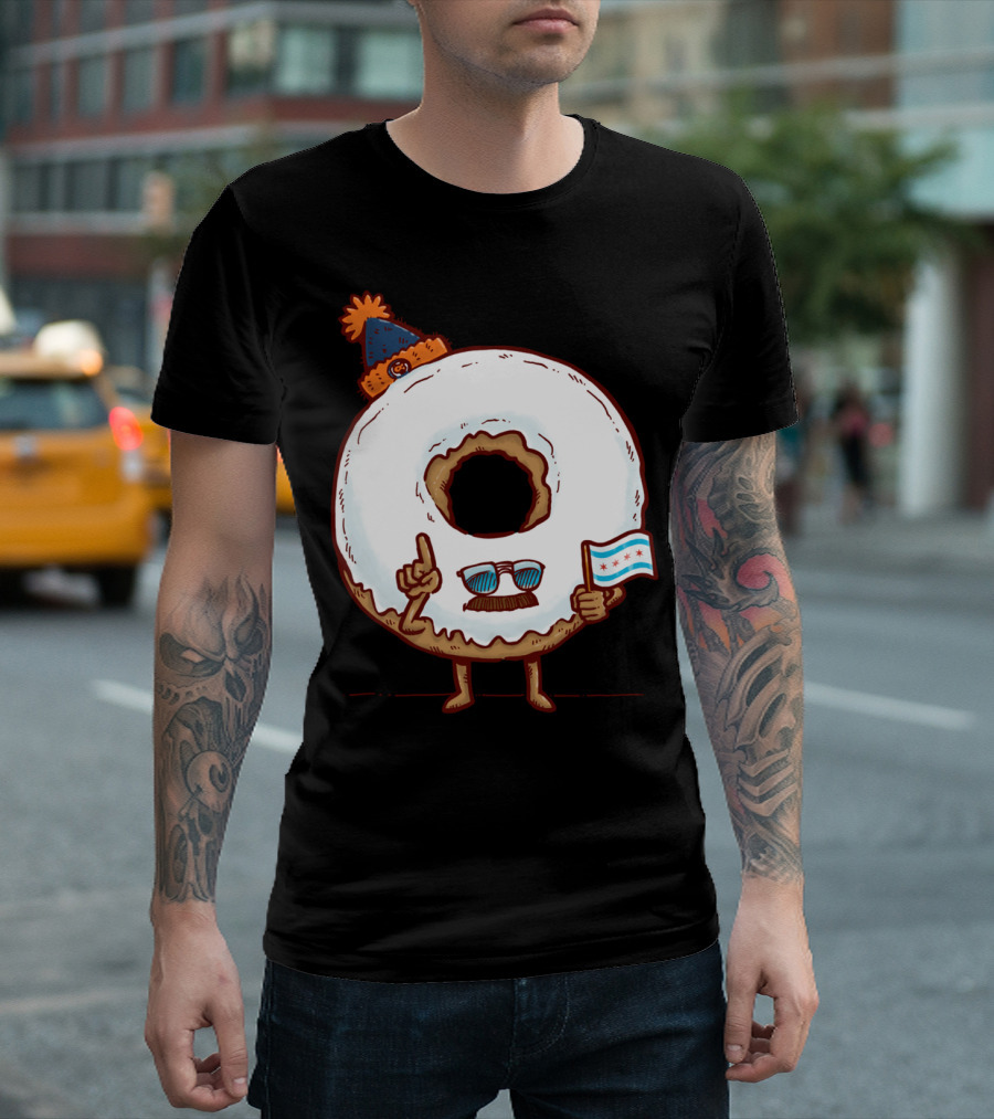Chicago Donut With Sunglasses And Chicago Flag Beanie T-Shirt