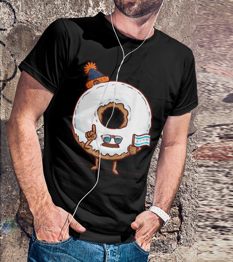 Chicago Donut With Sunglasses And Chicago Flag Beanie T-Shirt