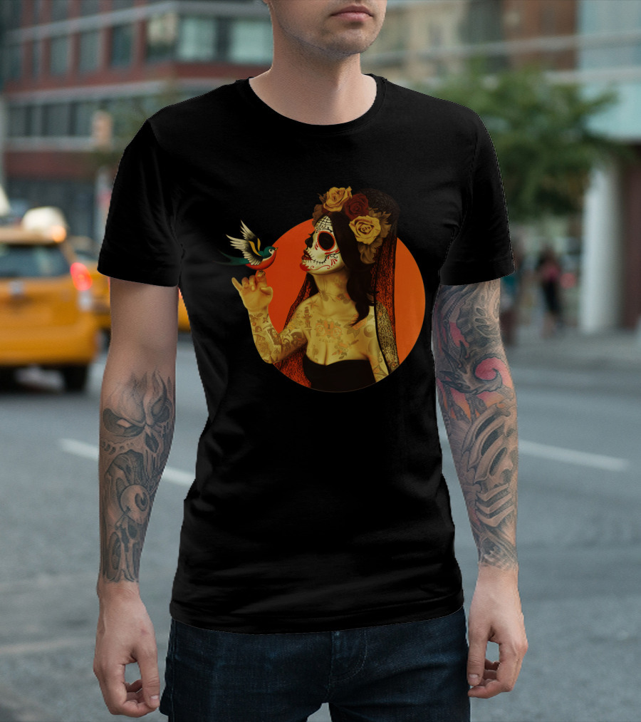 Calavera Princess Dia de los Muertos Woman with Sugar Skull and Roses T-Shirt