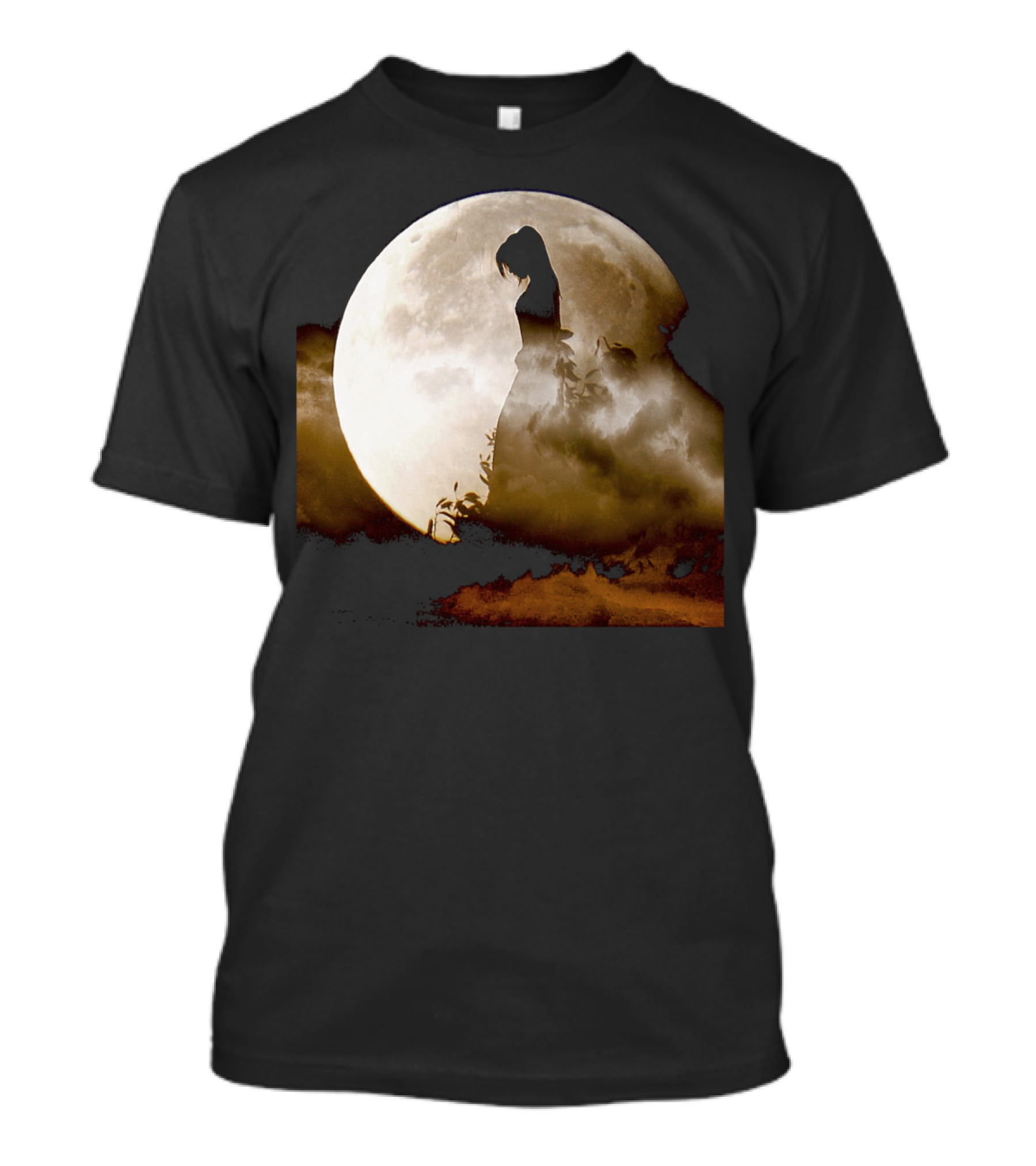 The Enigmatic Silhouette Against The Full Moon Clouded Night T-Shirt