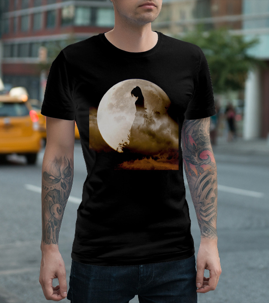 The Enigmatic Silhouette Against The Full Moon Clouded Night T-Shirt
