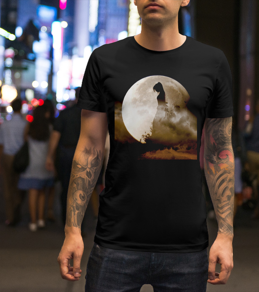 The Enigmatic Silhouette Against The Full Moon Clouded Night T-Shirt